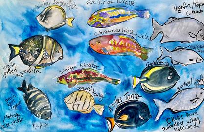 Maggie Sutrov painting of fish in the Hawaiian Surge Zone