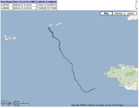 Tracks of three current drifters that were released at the Little Cayman West End aggregation site on 1/29/08, the night of Nassau grouper mass spawning. Updated 02/21/08, click on image for a larger view.